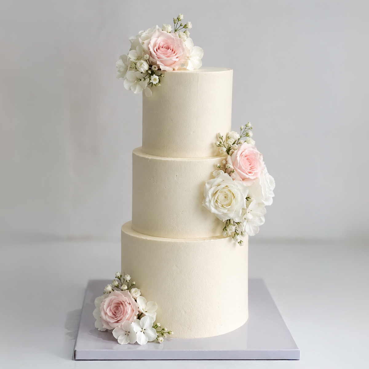Owner wedding cake reference with flowers at the top, side and base